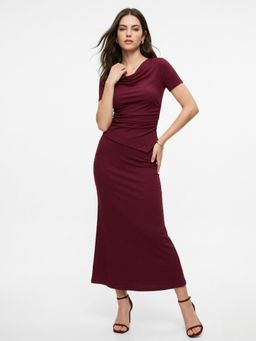 Outzidr - Women Burgundy Cowl Neck Fitted Co-Ord Set