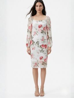 Outzidr - Women Off White Bishop Sleeve Square Neck Floral Dress