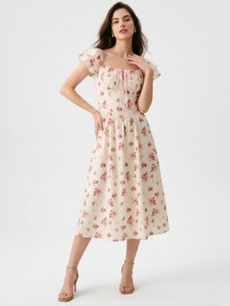 Outzidr - Women White Corset Styled Floral Printed Dress