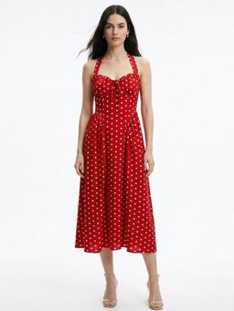 Outzidr - Women Red Halter Neckline Polka Dotted Dress
