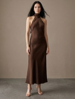 Outzidr - Women Brown Halter Neck Dress