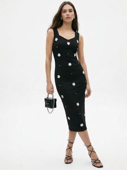 Outzidr - Women Black Sweetheart Neckline Floral Printed Dress