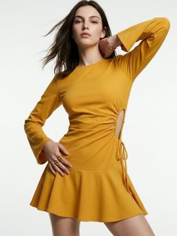 Outzidr - Women Yellow Bell Sleeve Waist Cut-Out Dress