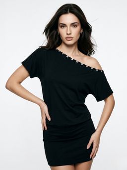 Outzidr - Women Black Off-Shoulder Studded Dress