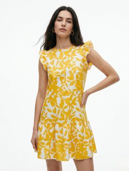 Outzidr - Women Yellow Ruffle Sleeve Printed Dress
