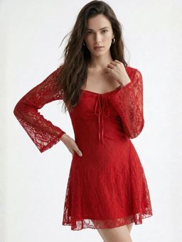 Outzidr - Women Red Lace Bell Sleeves Dress