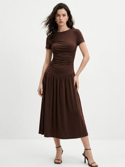 Outzidr - Women Brown Flared Flowy Hem Dress