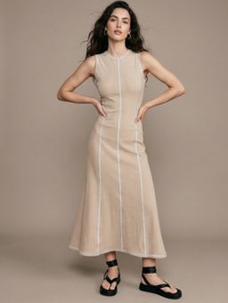 Outzidr - Women Beige Sleeveless Seam Detail Dress