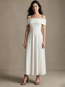 Outzidr - Women White Off Shoulder Flared Dress