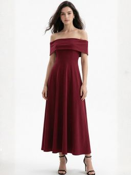 Outzidr - Women Maroon Off Shoulder Flared Dress