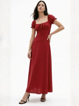 Outzidr - Women Red Puff Sleeve Square Neck Dress