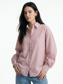 Outzidr - Women Pink Front Buttoned Striped Shirt