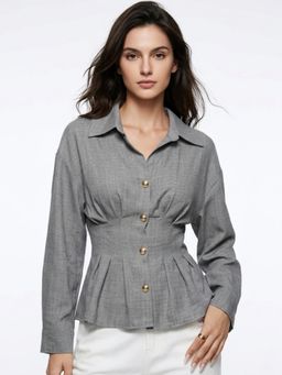 Outzidr - Women Grey Full Sleeves Front Pleated Shirt