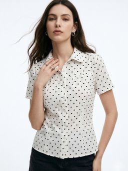 Outzidr - Women White Short Sleeve Polka Printed Shirt