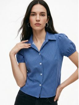Outzidr - Women Blue Puff Sleeve Checked Shirt