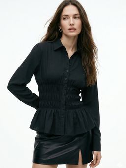 Outzidr - Women Black Full Sleeve Smocking Details At Waist Flared Shirt