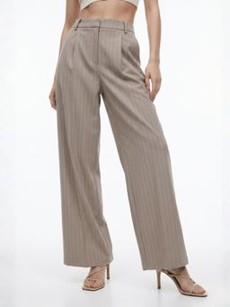 Outzidr - Khaki High Waist Striped Women Trouser