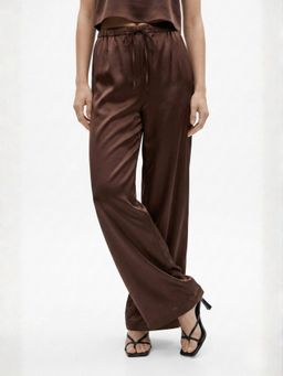 Outzidr - Brown Mid Waist Wide Leg Women Trouser