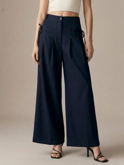 Outzidr - Navy Blue High-Waist Wide-Leg Baggie Pleated Women Trouser