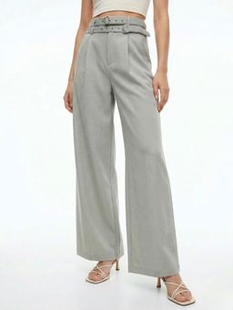 Outzidr - Women Grey Wide-Leg High-Waist Trouser With Dual Belt