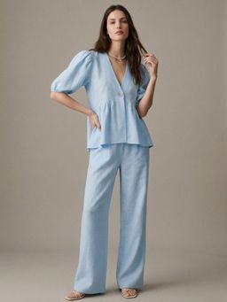 Outzidr - Women Blue Puff Sleeve V Neck Flared Co-Ord Set