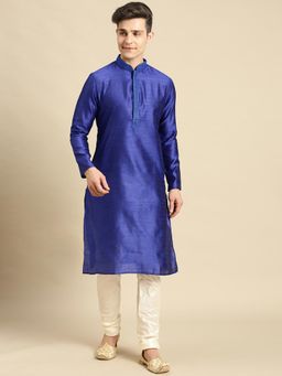 Sanwara - Mens Woven Designer Jacquard Ink Blue Color Kurta (Set of 2)