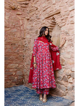 Gulabo Jaipur - Meena Red Anarkali Kurta with Pants & Dupatta (Set of 3)