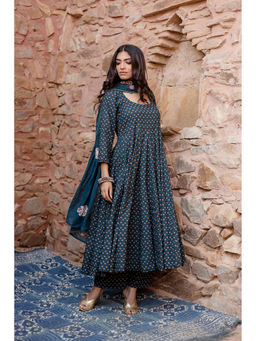 Gulabo Jaipur - Padma Navy Blue Anarkali Kurta with Pants & Dupatta (Set of 3)