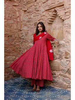 Gulabo Jaipur - Padma Red Anarkali Kurta with Pants & Dupatta (Set of 3)