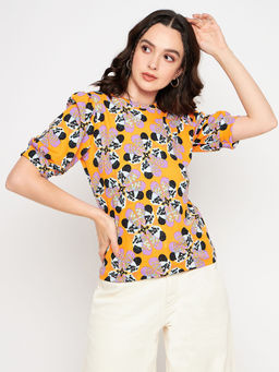 Uptownie - Womens Knit Printed Round Neck Top Orange