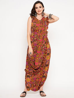 Uptownie - Womens Crepe Printed Dhoti Jumpsuit With Dupatta Brown