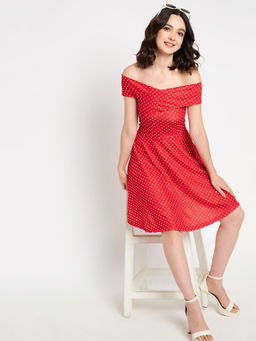 Uptownie - Womens Stretchable Printed Fit & Flare Skater Dress Red