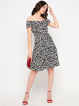 Uptownie - Womens Stretchable Printed Fit & Flare Skater Dress Black