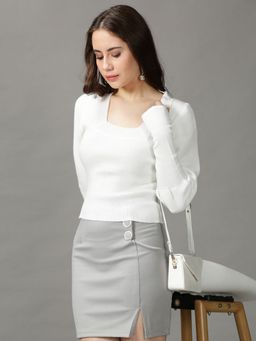 SHOWOFF - Womens Square Neck Fitted Solid White Regular Top