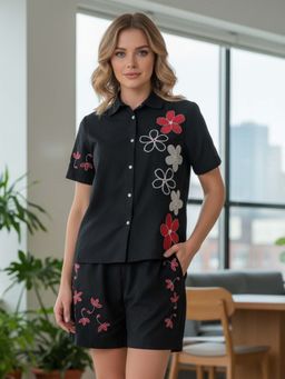 Zolo Label - Black Floral Embroidery Casual Co-Ord Set