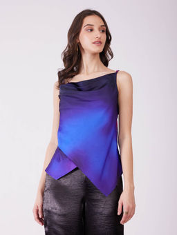 FableStreet - Blue Satin Cowl Neck Top