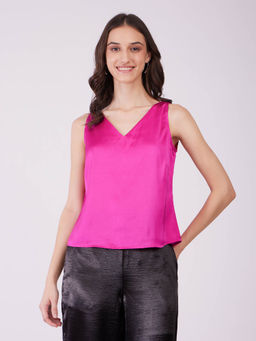FableStreet - Pink Satin V-Neck Top