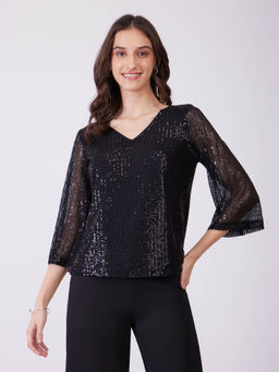 FableStreet - Black Sequin Bell Sleeves Top
