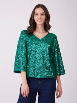 FableStreet - Green Sequin Bell Sleeves Top