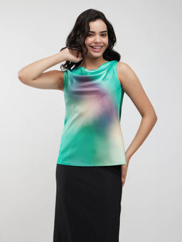 FableStreet - Blue Satin Cowl Neck Ombre Top