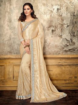 Odette - Cream Satin Georgette Net Designer Saree with Unstitched Blouse