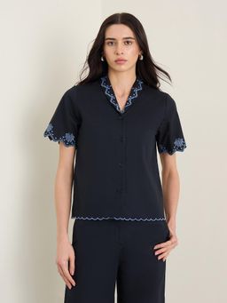 ELLE - Women Navy Blue Lapel Collar Shirt