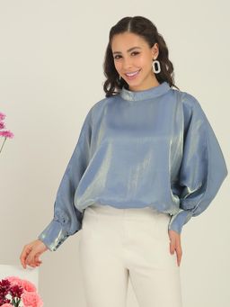 Globus - Women Blue High Neck Batwing Top