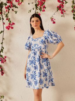 STREET 9 - Women Blue Printed Puff Sleeve Dress