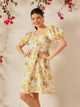 STREET 9 - Women Yellow Printed Puff Sleeve Dress