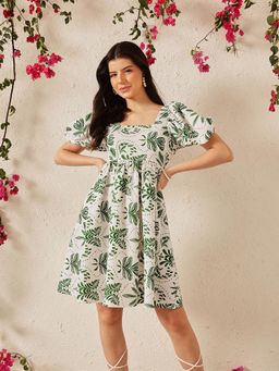 STREET 9 - Women Green Printed Puff Sleeve Dress