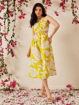 STREET 9 - Women Yellow Printed Waist Cut Dress