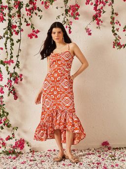 STREET 9 - Women Rust Printed Midi Dress