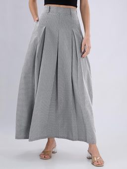 Globus - Women Black Micro Checks Printed Maxi Skirt With Belt Loops