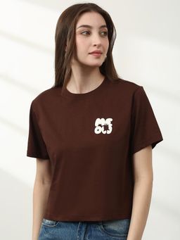 Globus - Women Brown Solid Round Neck Relaxed Fit T-Shirt